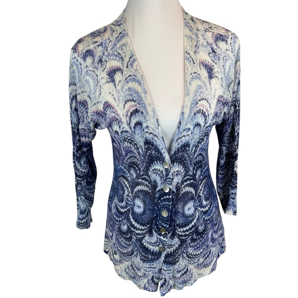 NIC+ZOE Lightweight V-Neck Cardigan Linen Blend Blue Print - Medium